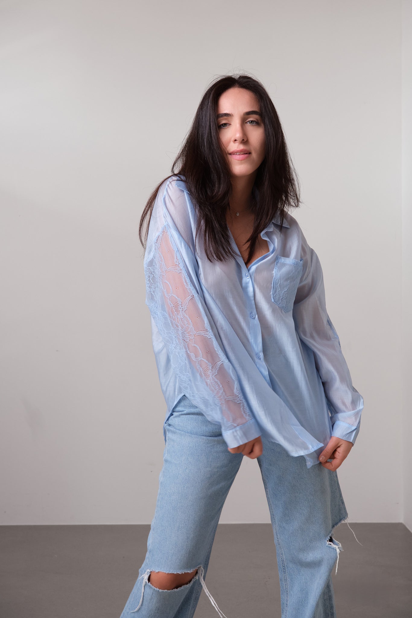 Baby Blue Sheer Lace-Detail Shirt
