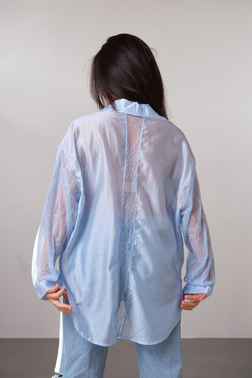 Baby Blue Sheer Lace-Detail Shirt