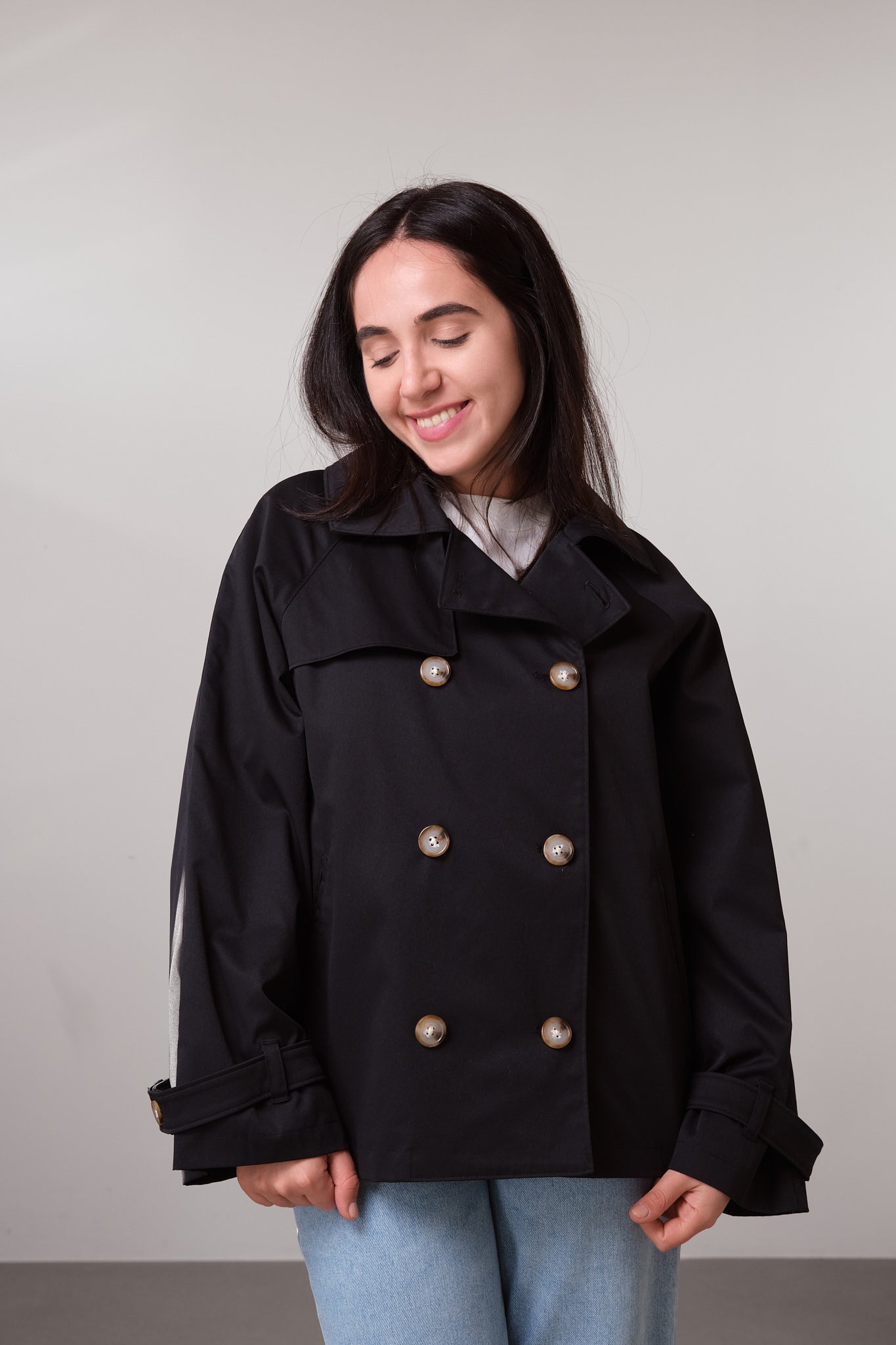 Black Double-Breasted Short Trench Coat