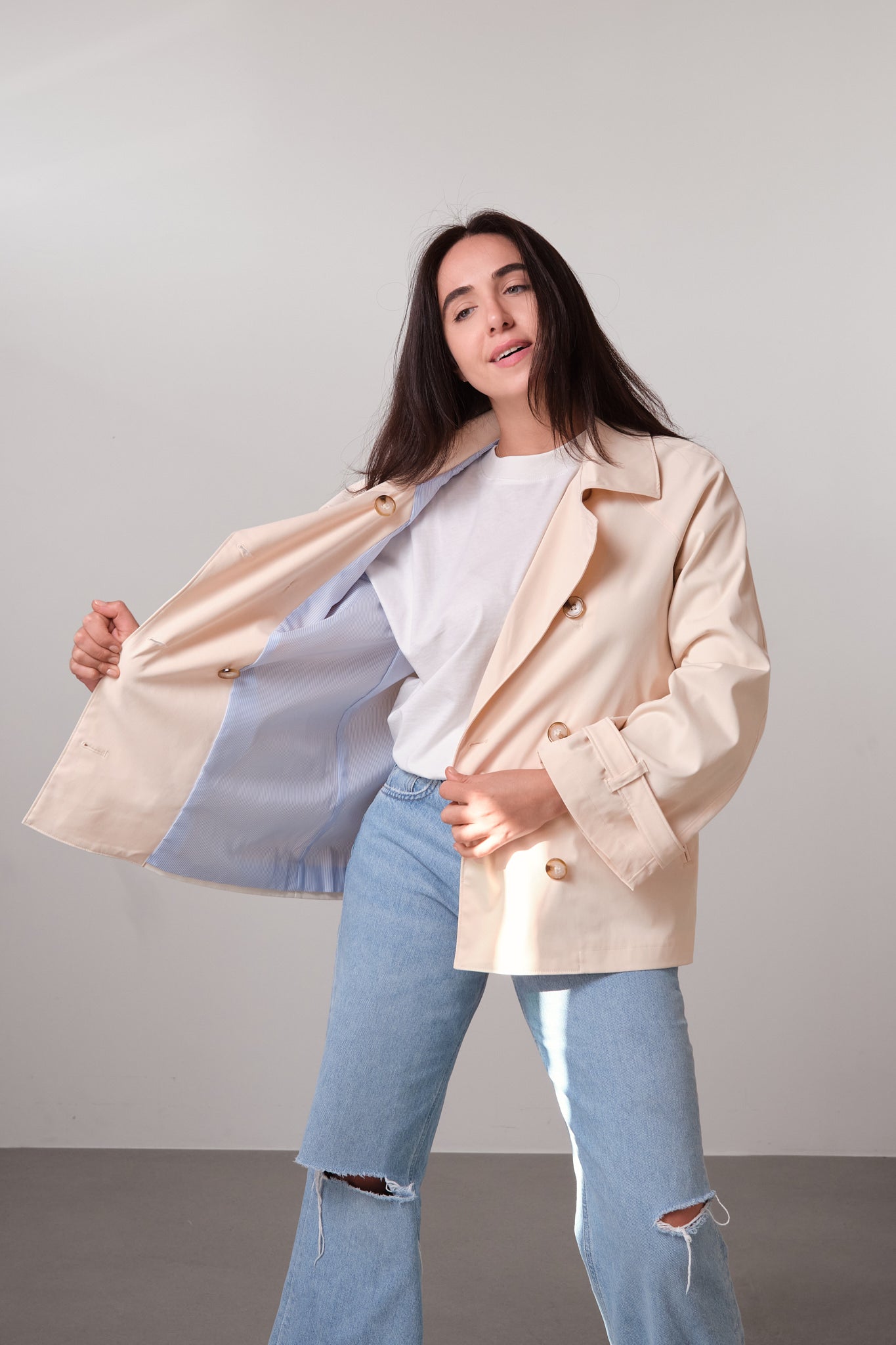 Cream Double-Breasted Short Trench Coat