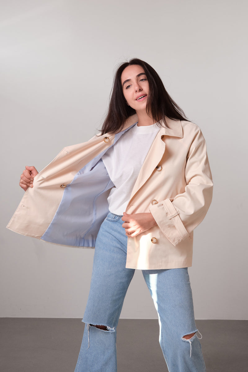 Cream Double-Breasted Short Trench Coat