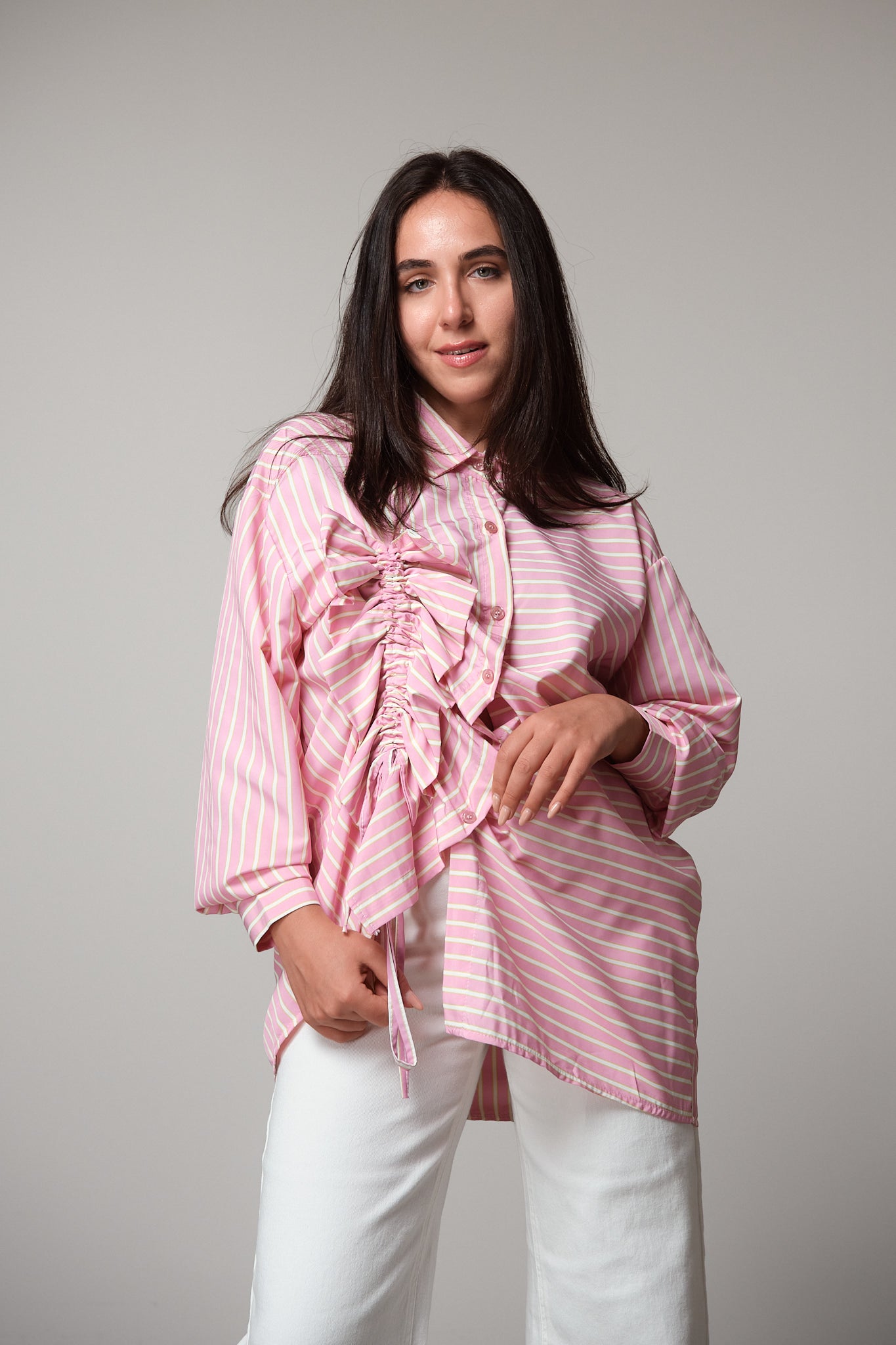 Pink & Green Striped Shirt with Ruched Detail