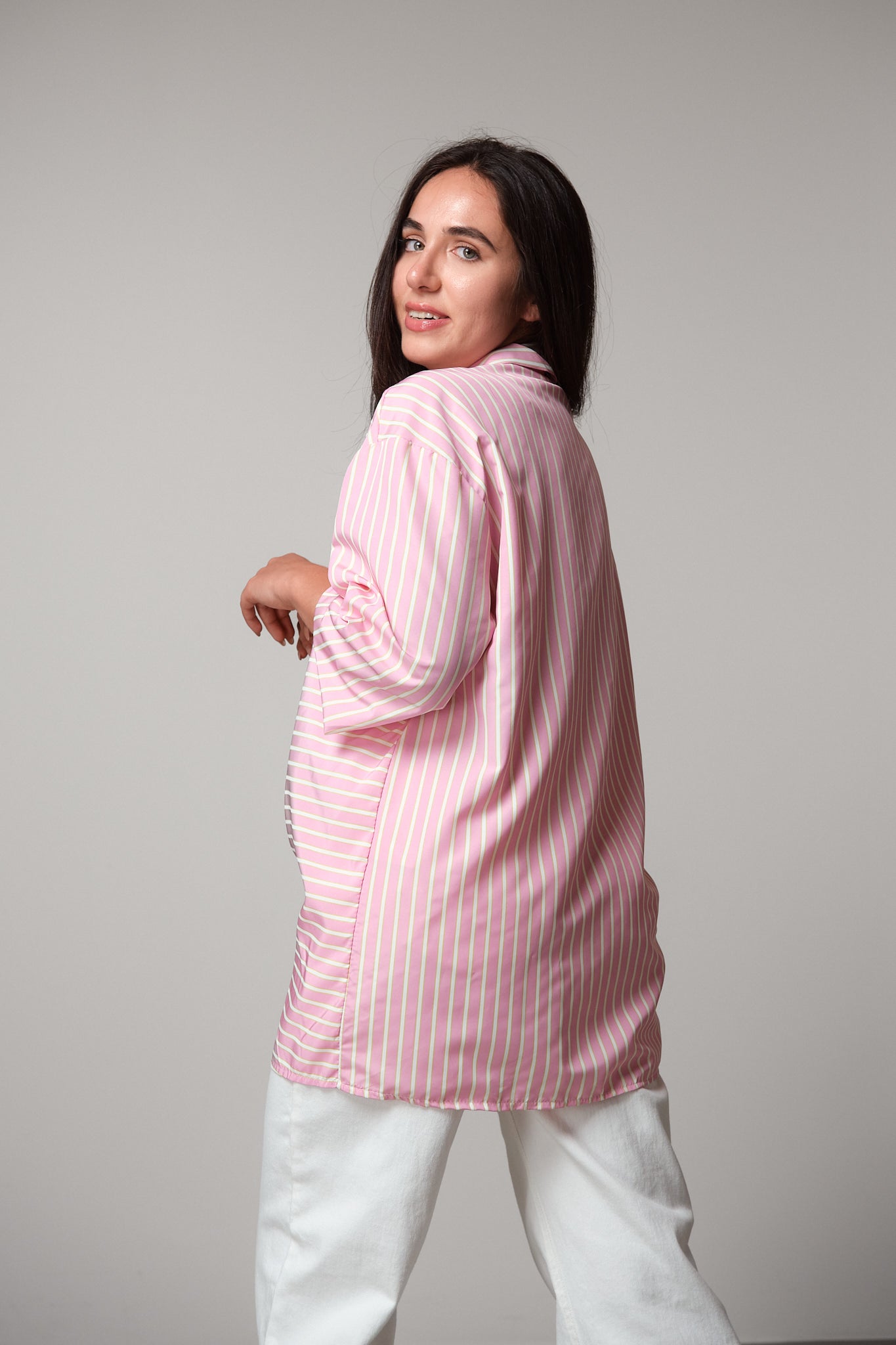 Pink & Green Striped Shirt with Ruched Detail