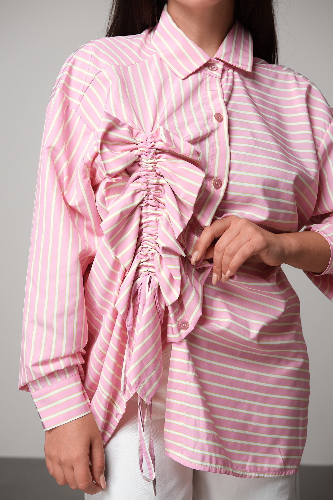 Pink & Green Striped Shirt with Ruched Detail