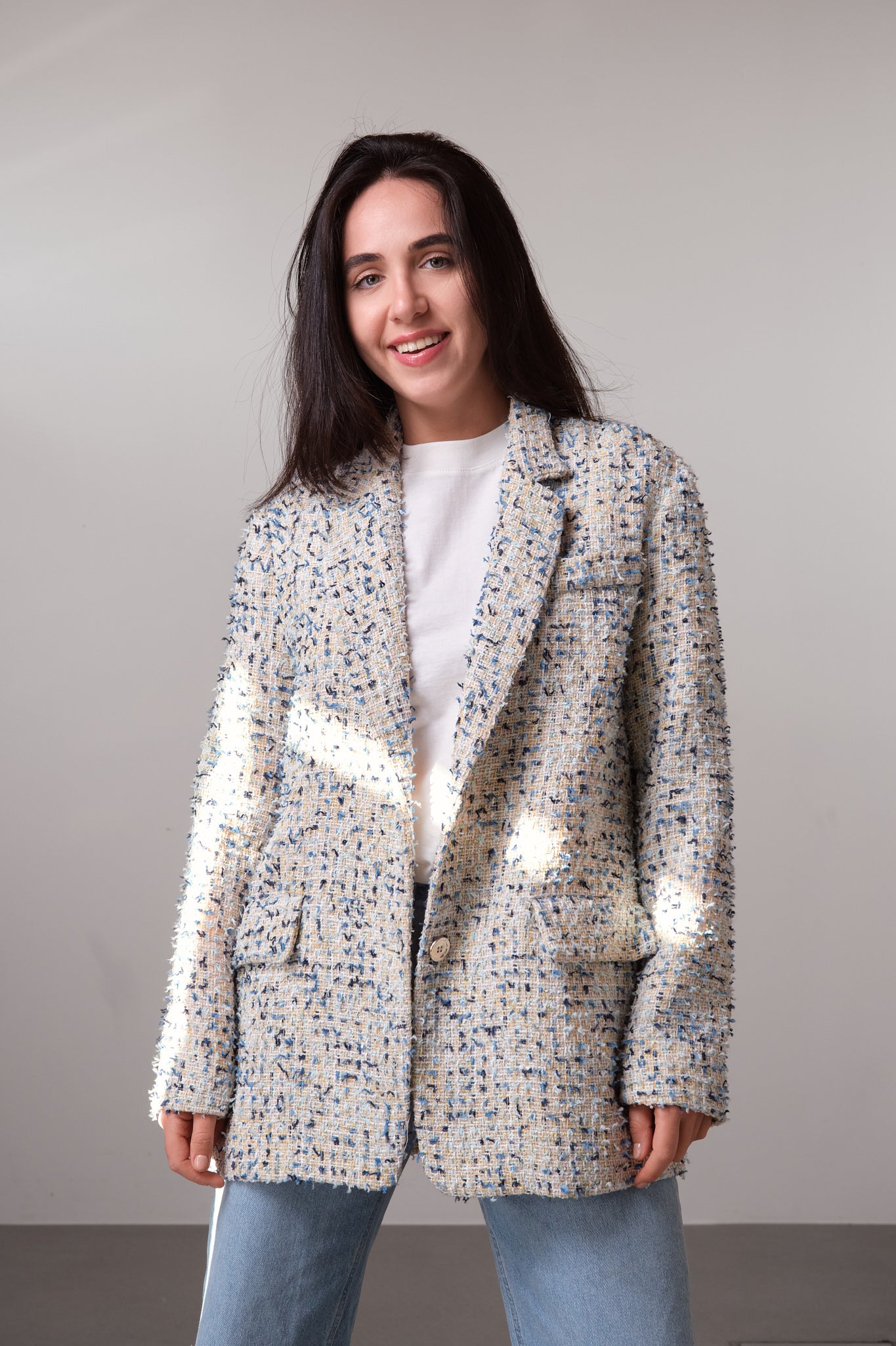 Blue Tweed Oversized Blazer