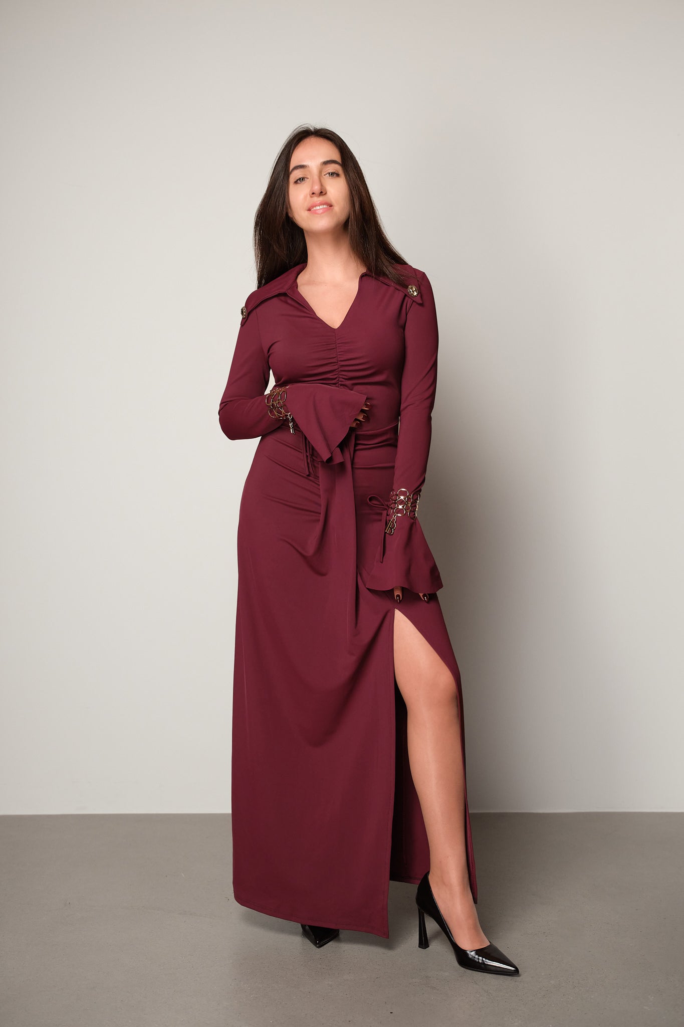 Ruched Long-Sleeve Maxi Dress
