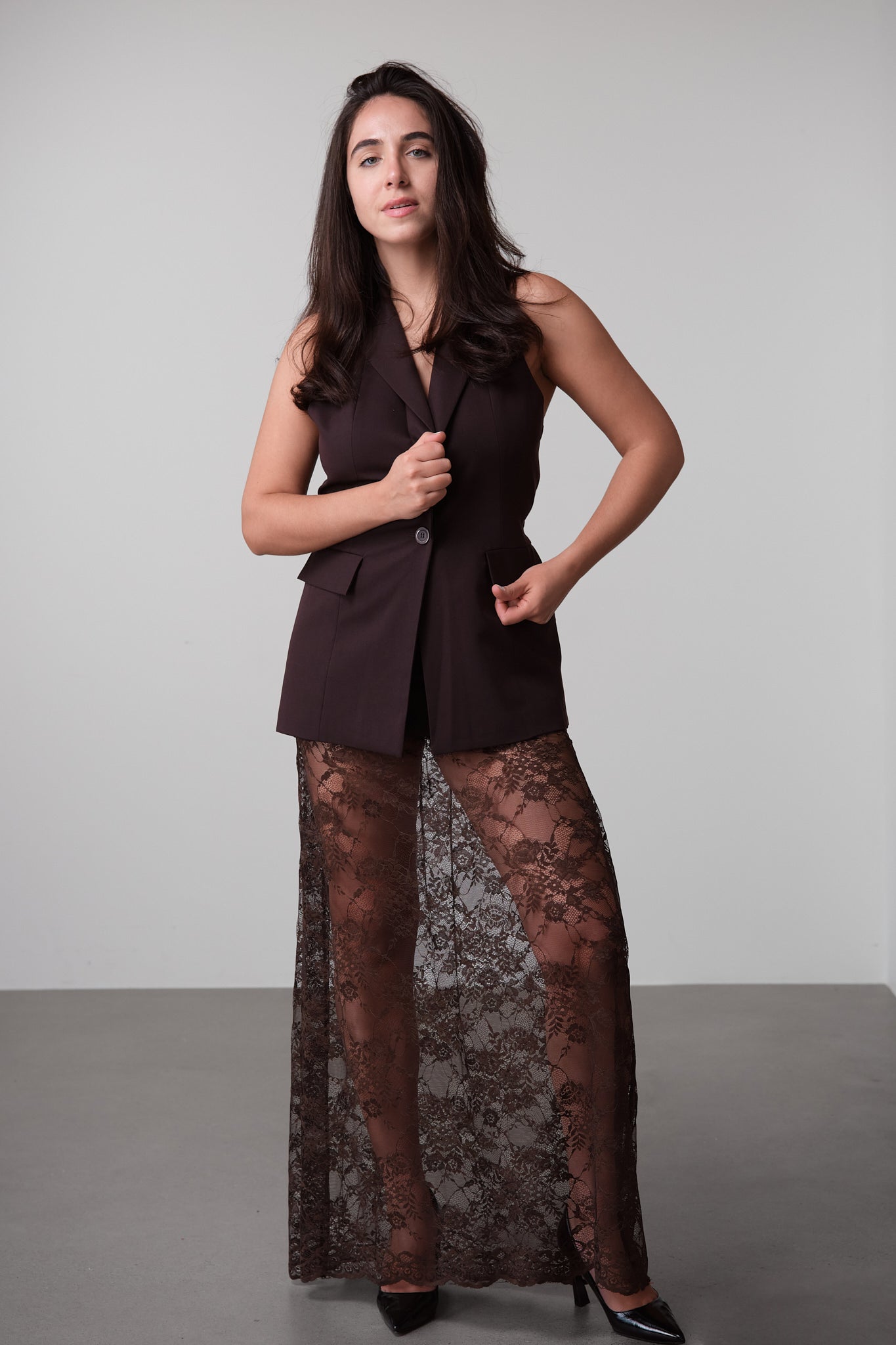 Chocolate Sheer Lace Maxi Skirt