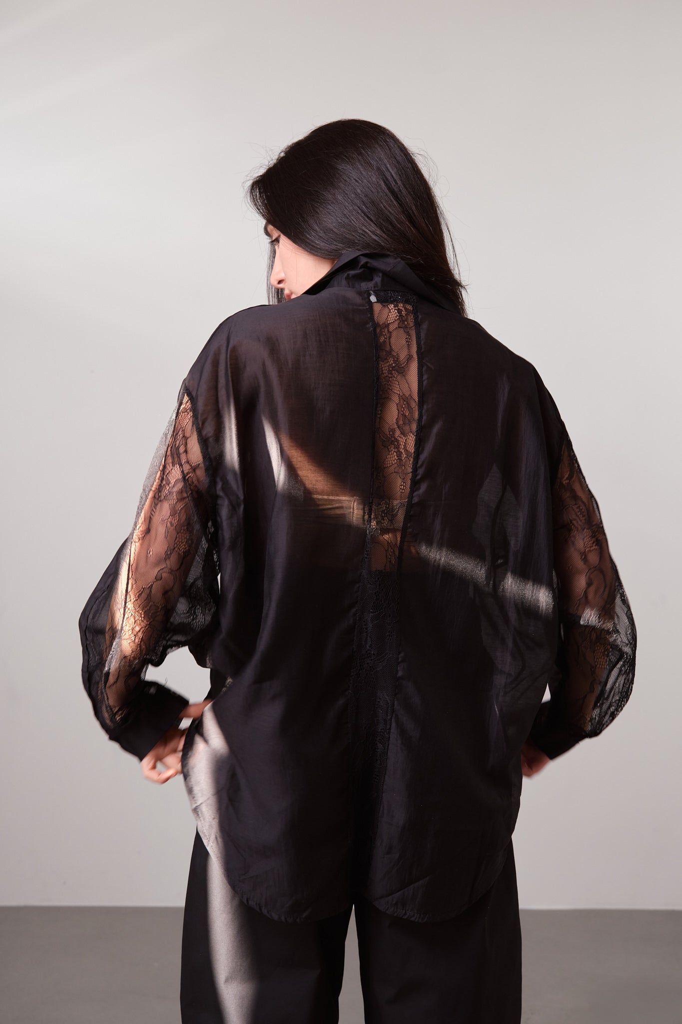 Black Sheer Lace-Detail Shirt