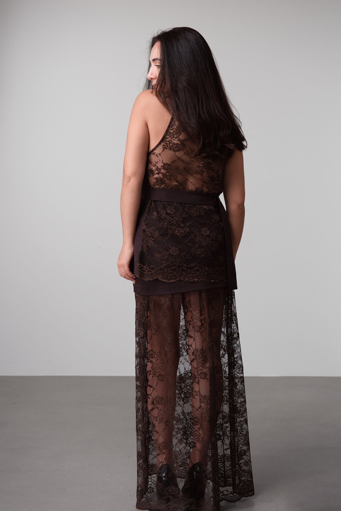 Chocolate Sheer Lace Maxi Skirt