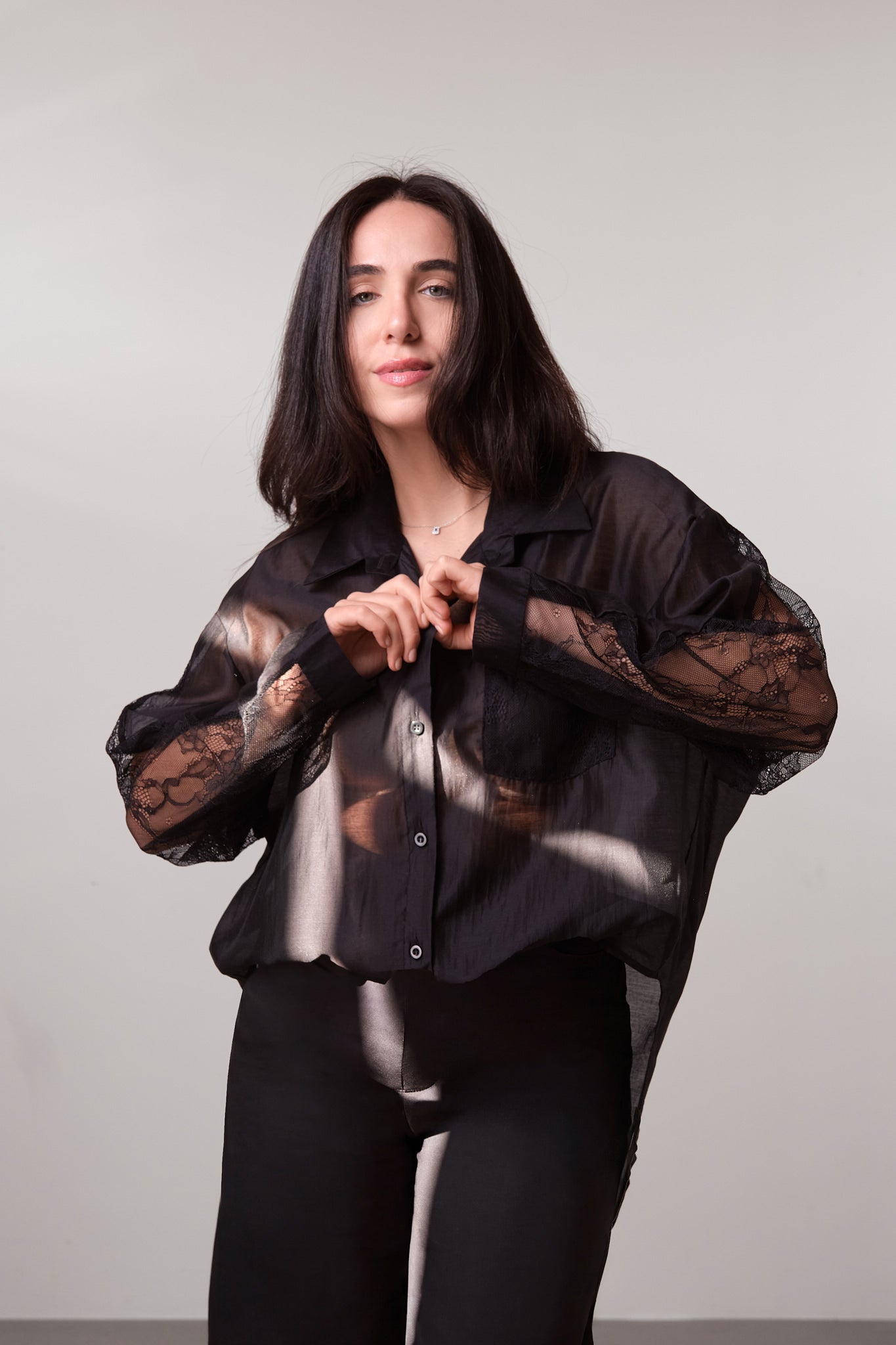 Black Sheer Lace-Detail Shirt