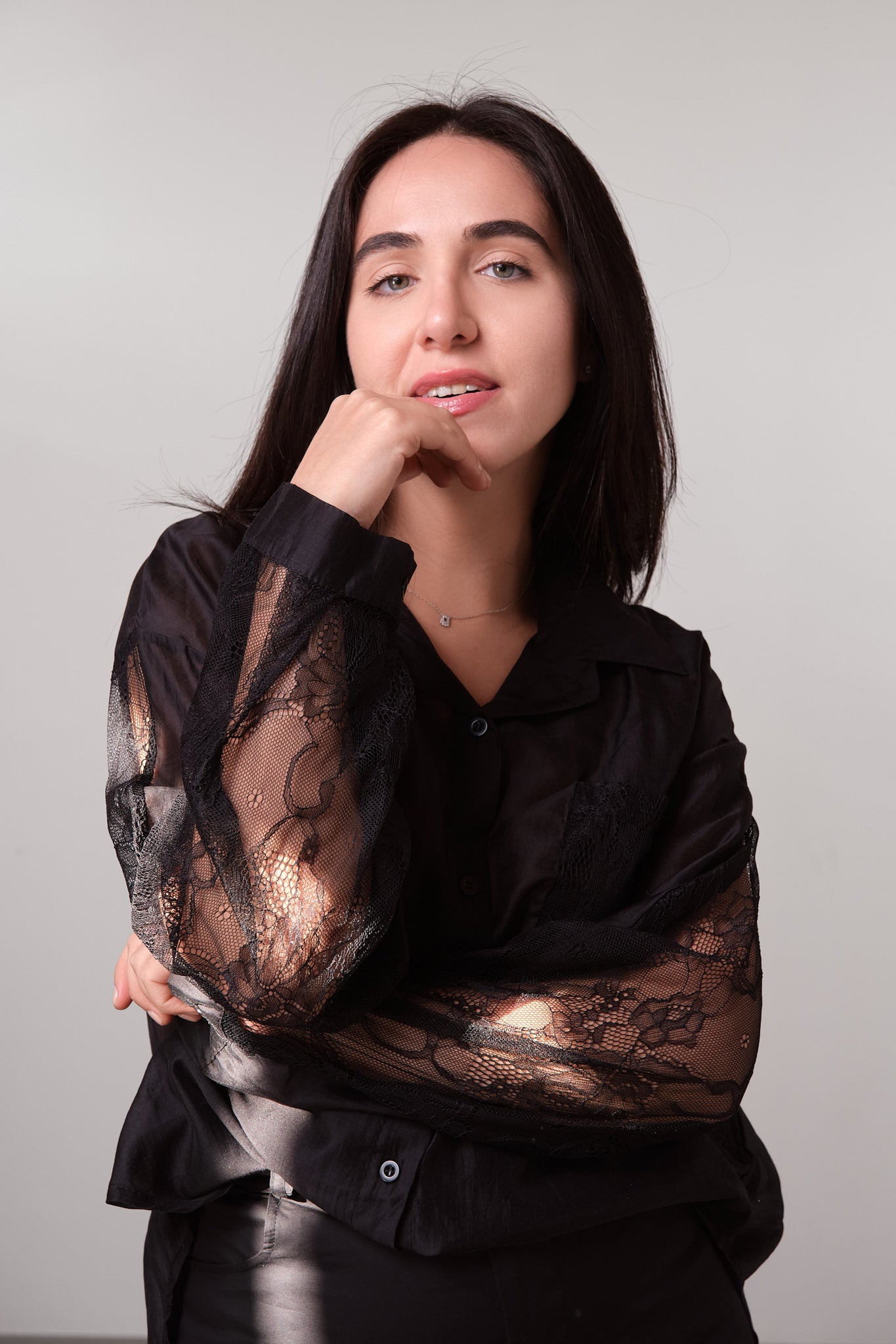 Black Sheer Lace-Detail Shirt