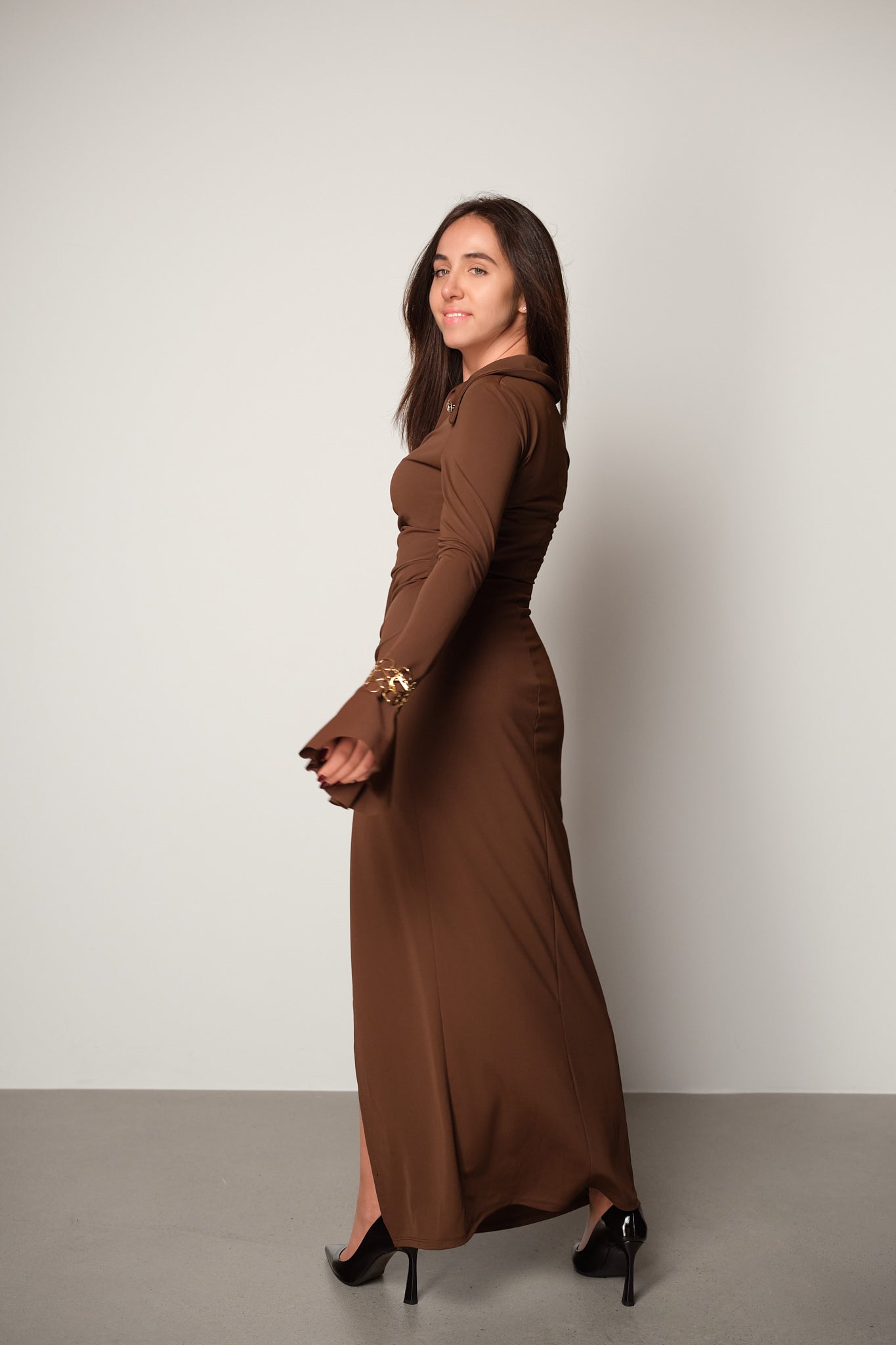 Ruched Long-Sleeve Maxi Dress