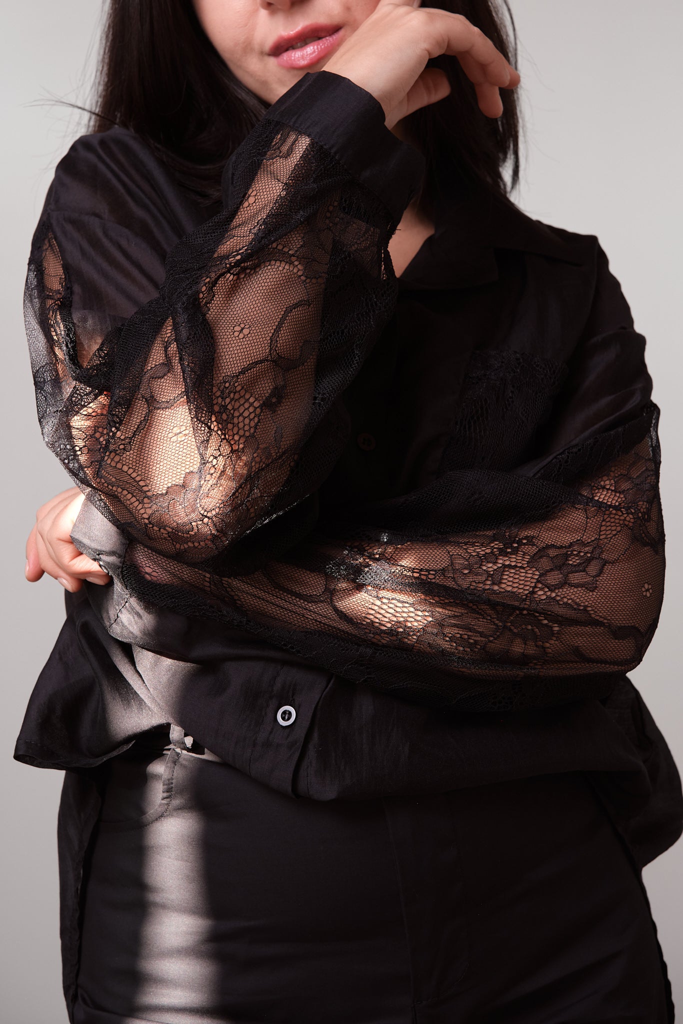 Black Sheer Lace-Detail Shirt