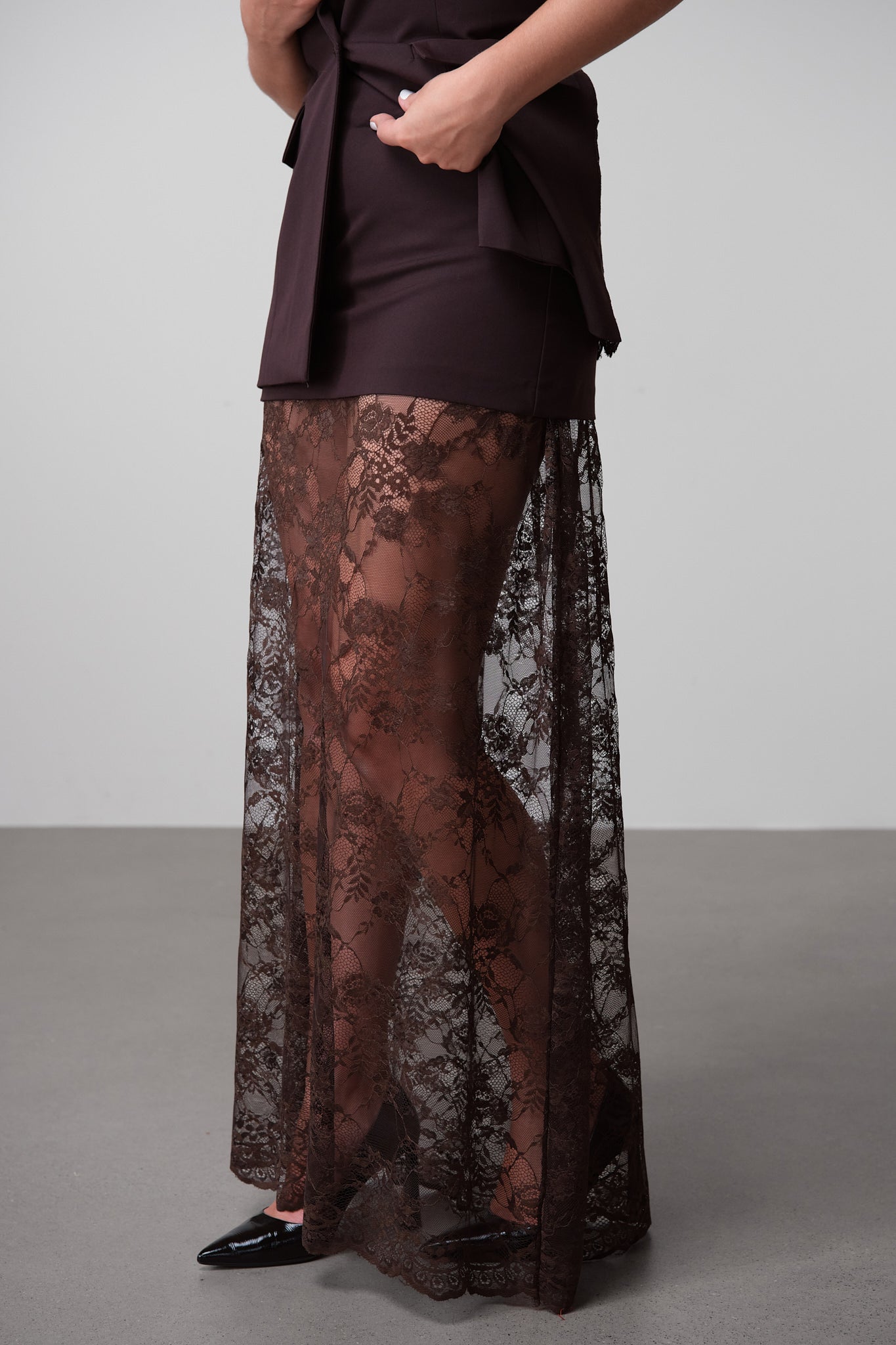 Chocolate Sheer Lace Maxi Skirt