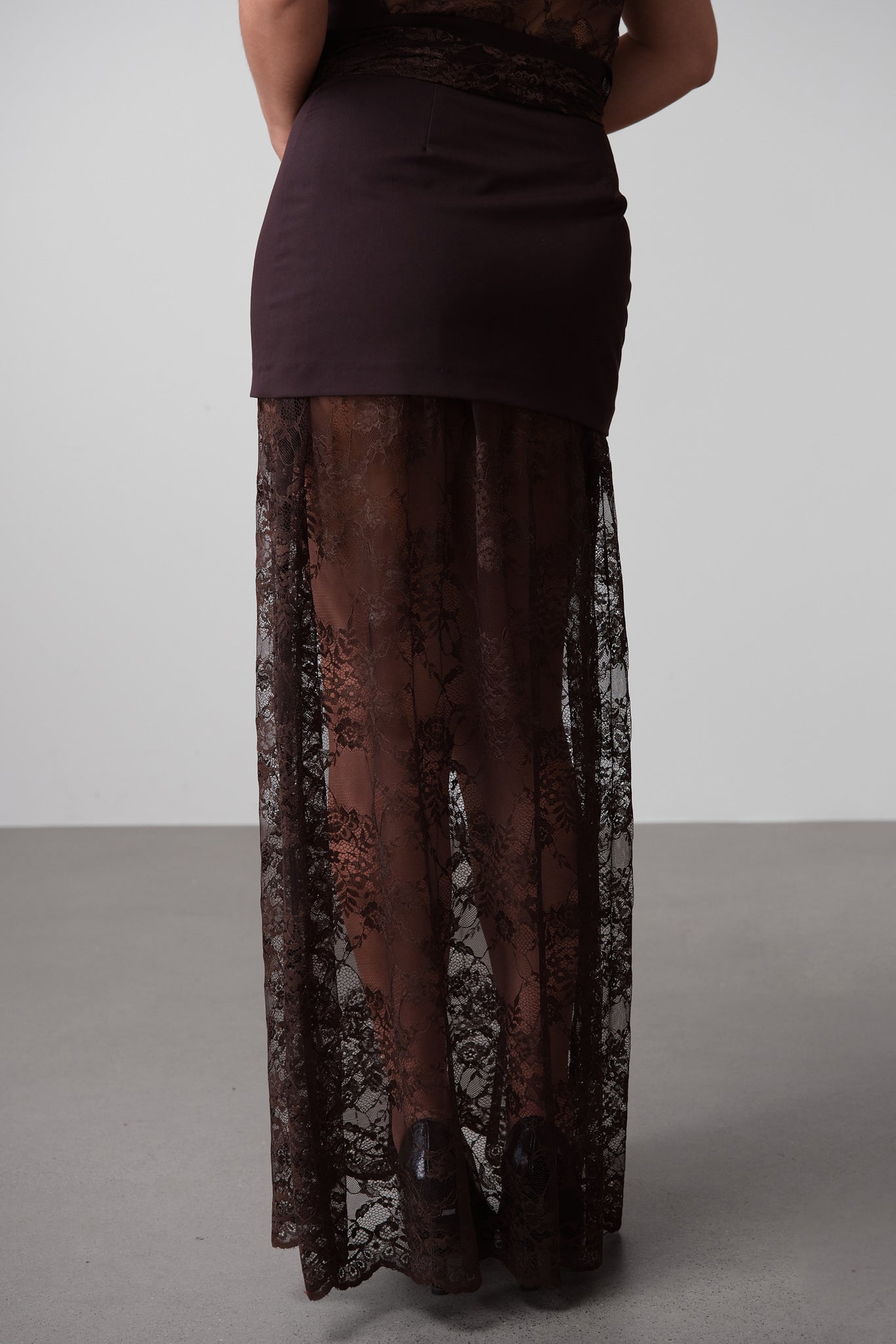 Chocolate Sheer Lace Maxi Skirt