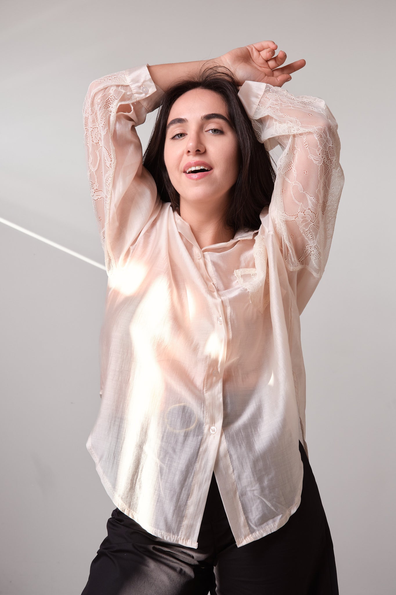 Cream Sheer Lace-Detail Shirt