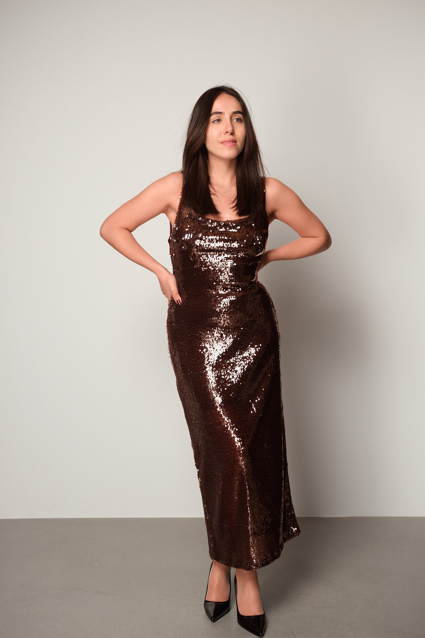 Sequin Square-Neck Midi Dress