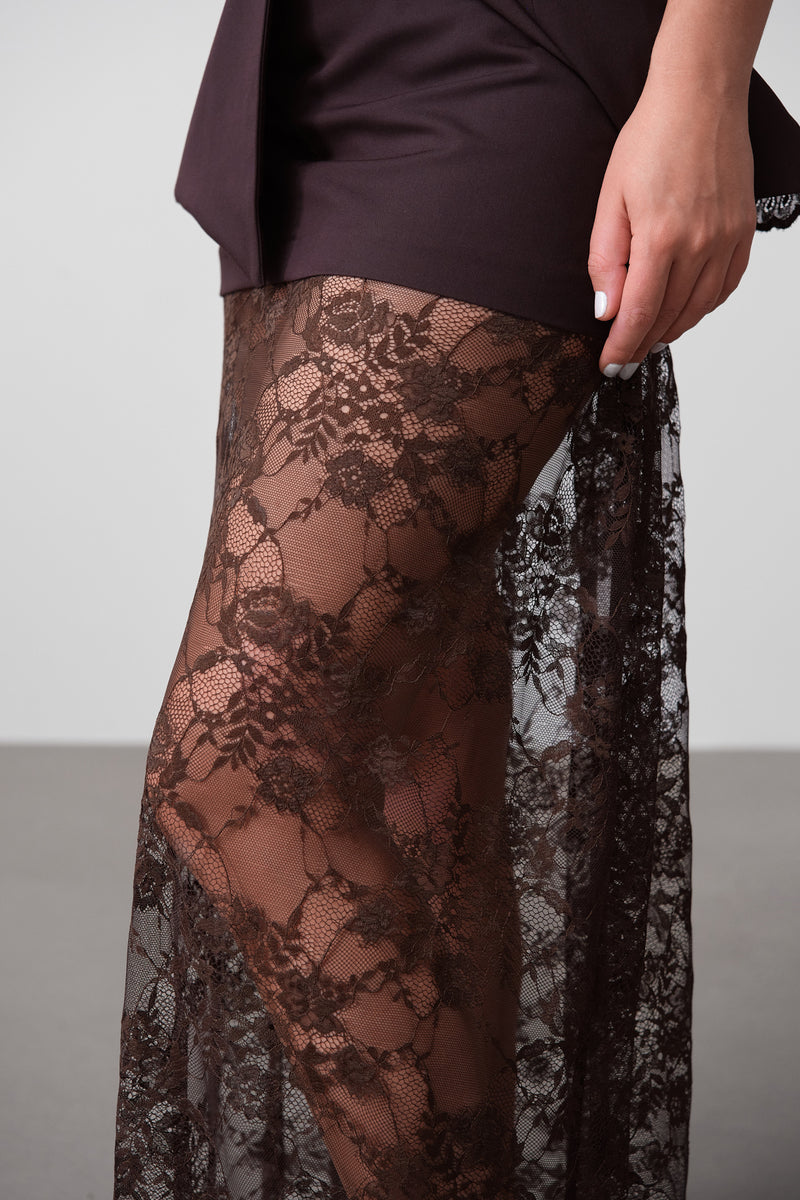 Chocolate Sheer Lace Maxi Skirt