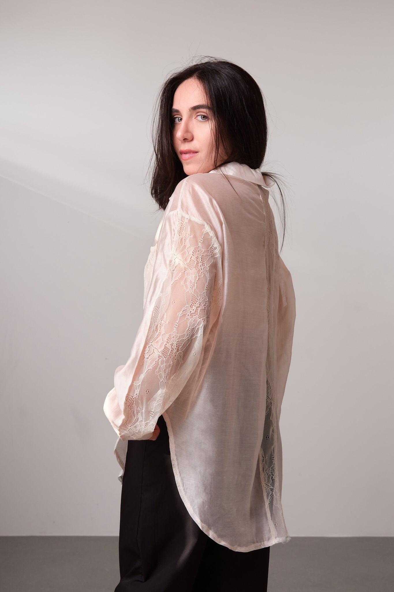 Cream Sheer Lace-Detail Shirt
