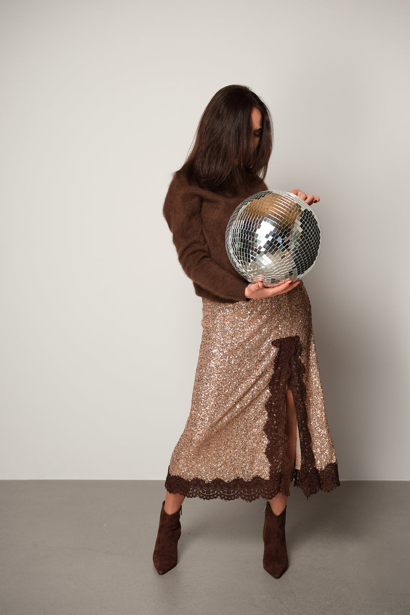 Sequin Midi Skirt with Lace Trim
