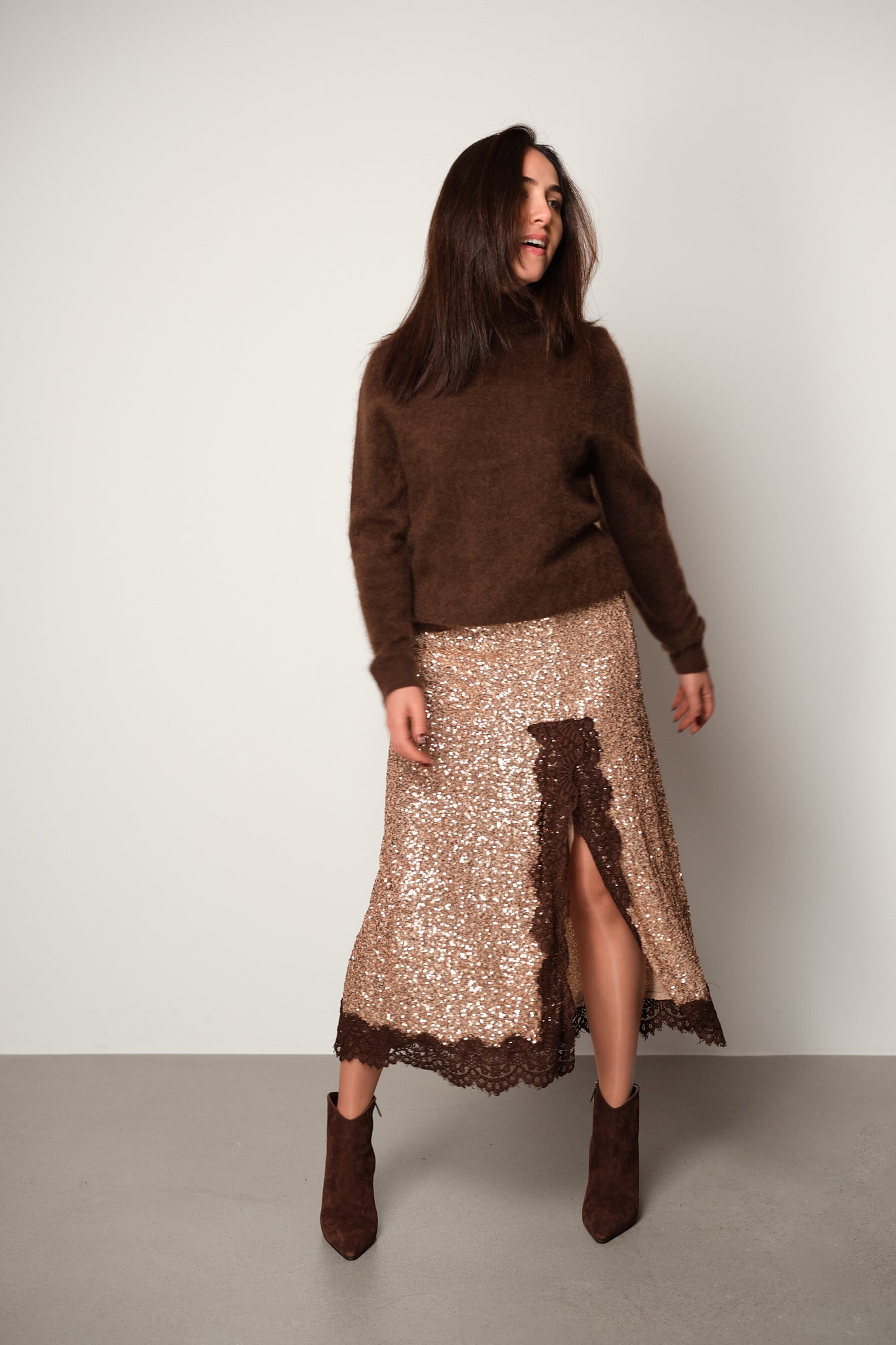 Sequin Midi Skirt with Lace Trim