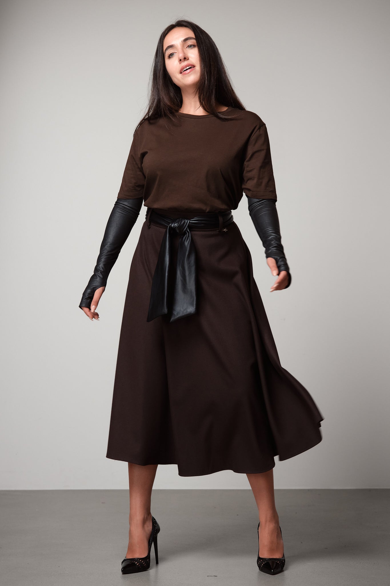 Midi Skirt with Faux Leather Belt