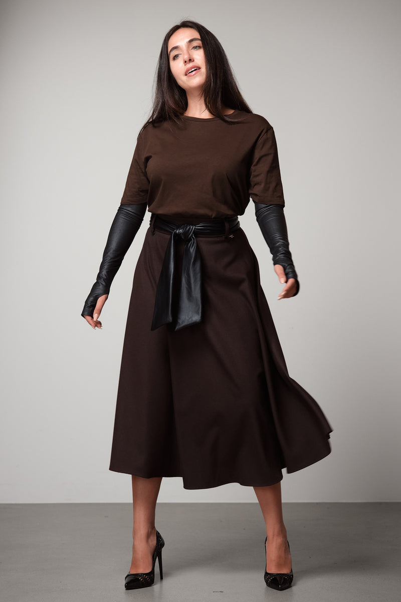 Midi Skirt with Faux Leather Belt Brown