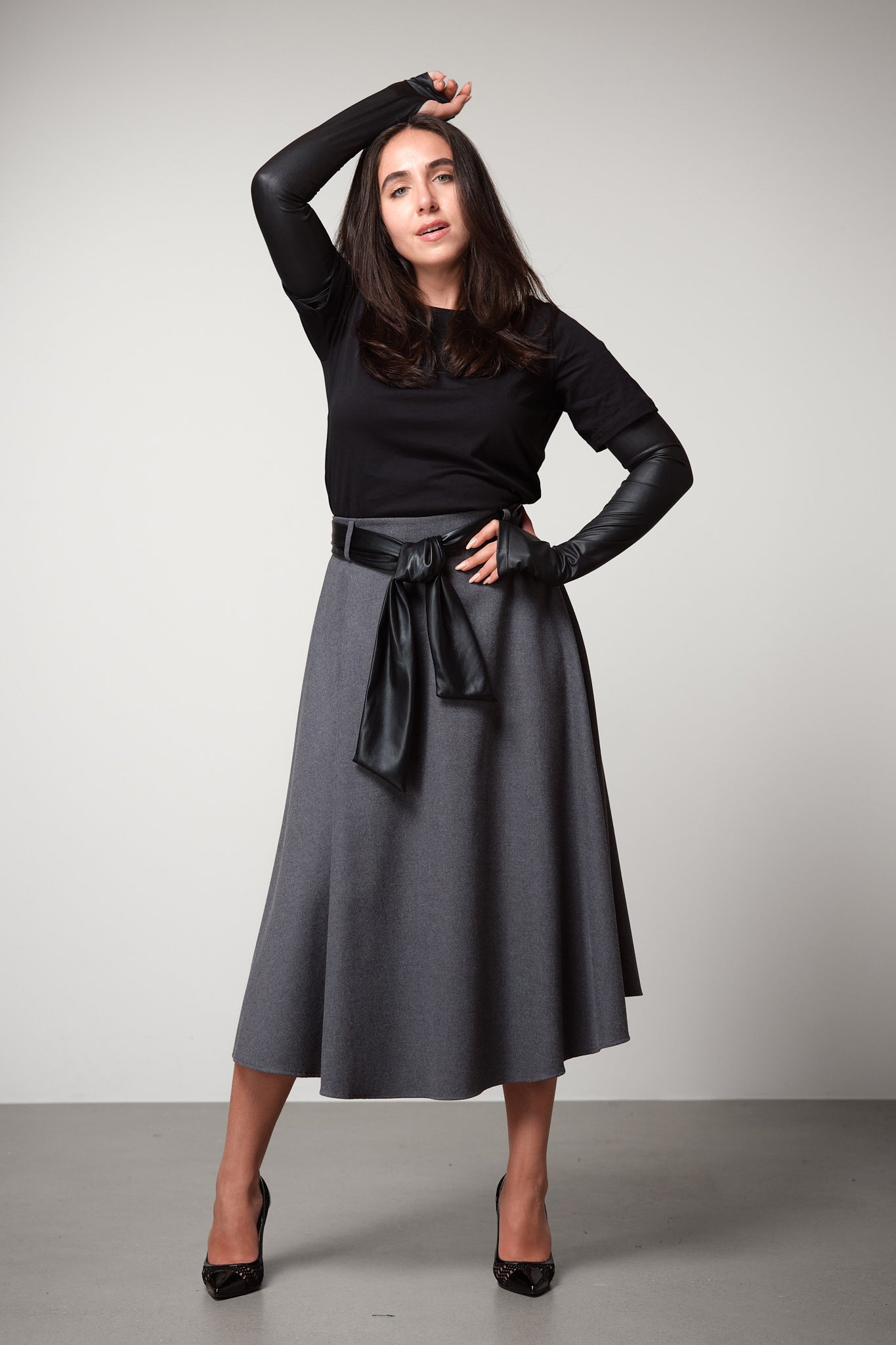 Midi Skirt with Faux Leather Belt