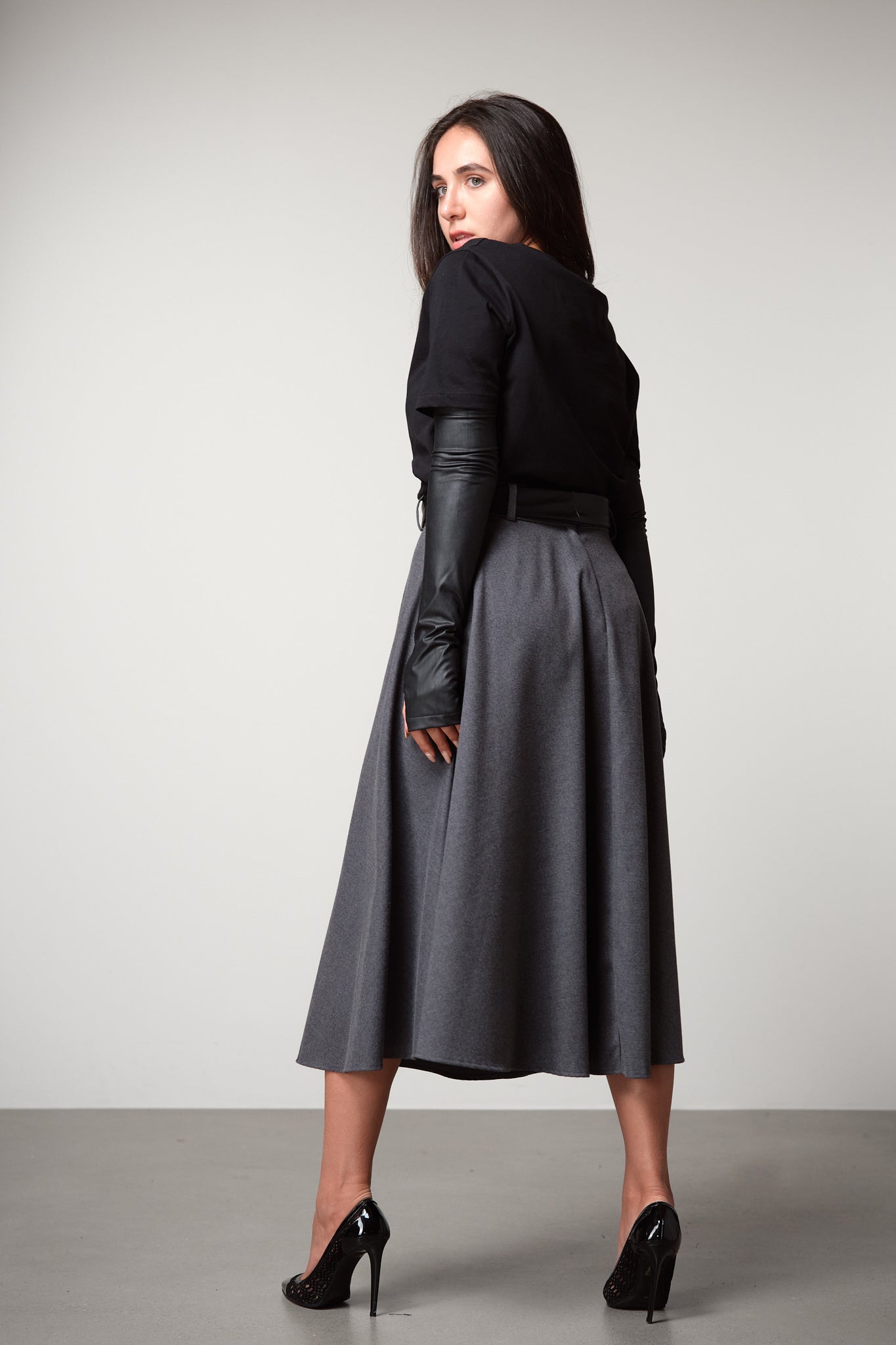 Midi Skirt with Faux Leather Belt