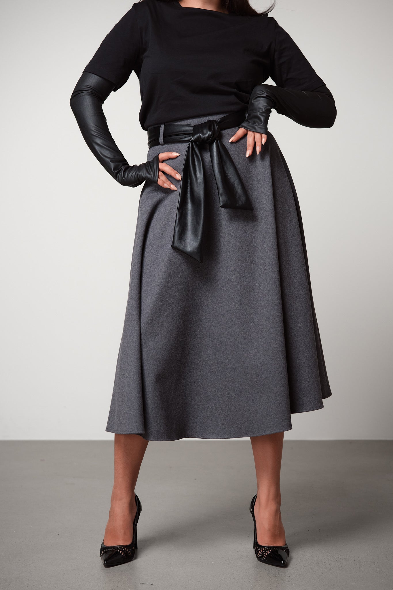 Midi Skirt with Faux Leather Belt