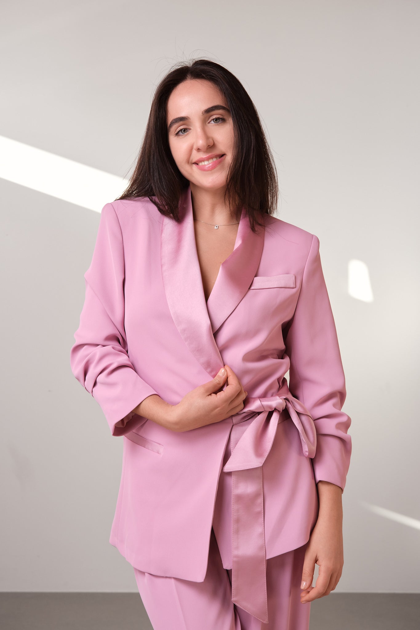 Pink Satin-Lapel Belted Blazer