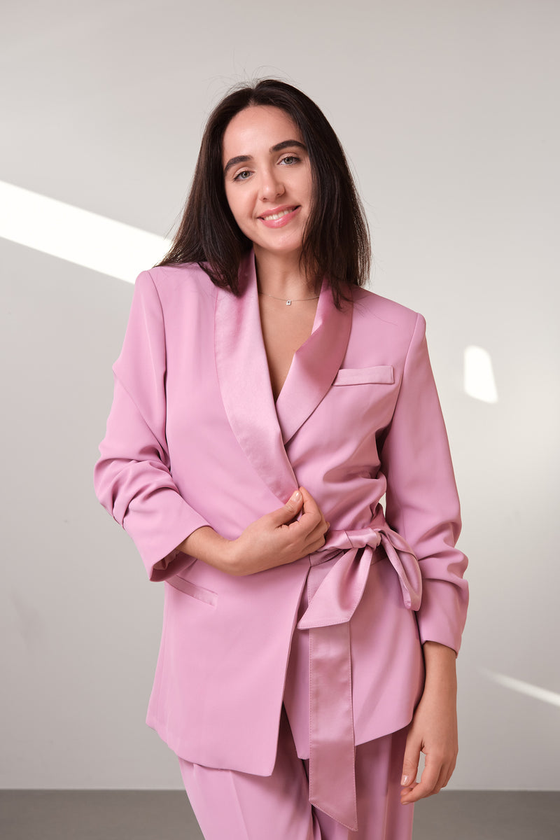 Pink Satin-Lapel Belted Blazer