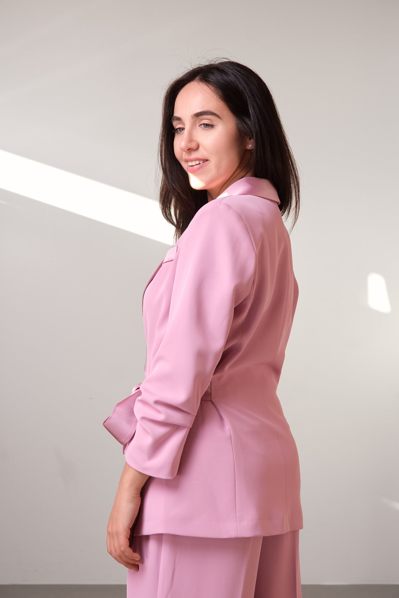 Pink Satin-Lapel Belted Blazer