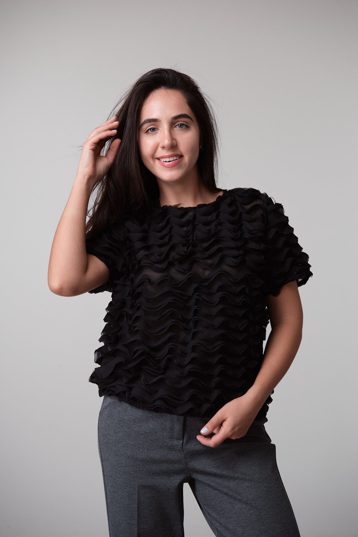 Black Textured Ruffle Blouse