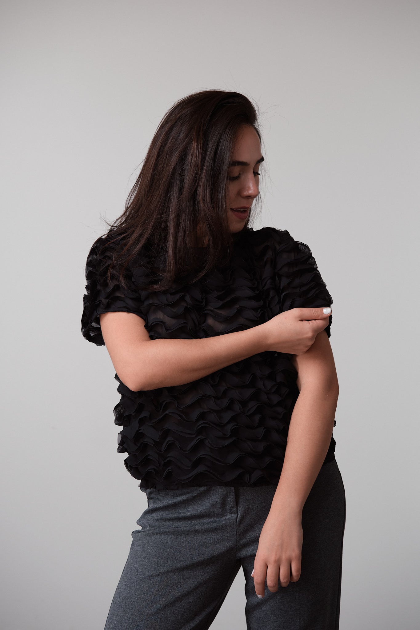 Black Textured Ruffle Blouse