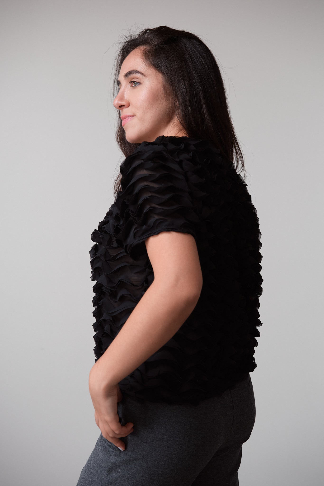 Black Textured Ruffle Blouse