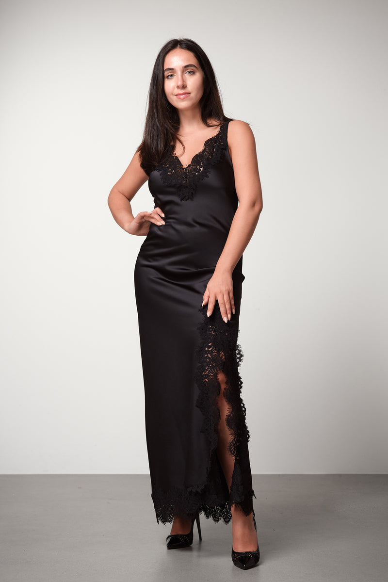 Satin Lace Maxi Dress Black