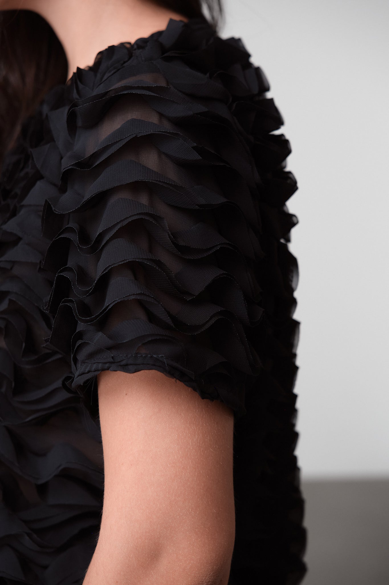Black Textured Ruffle Blouse