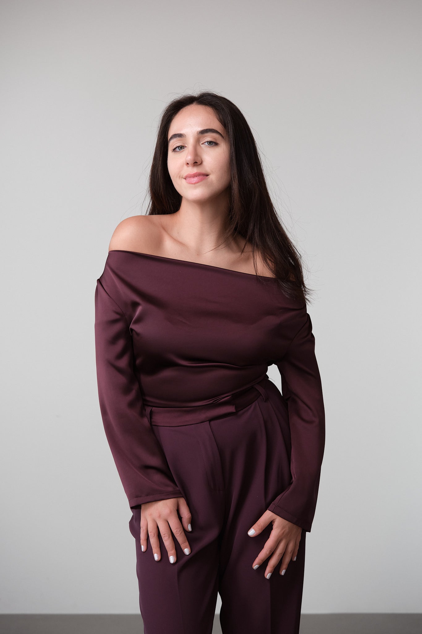 Cherry Lacquer Off-Shoulder Satin Top