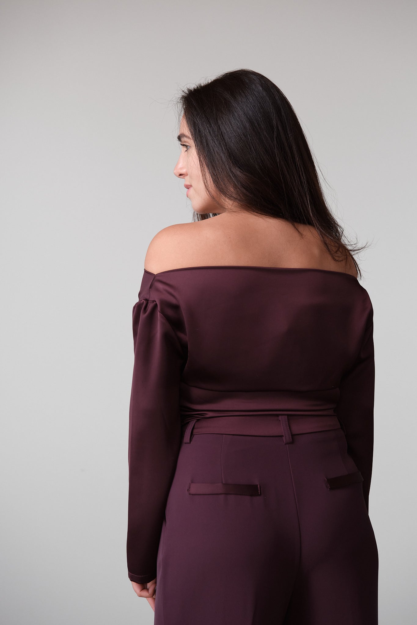 Cherry Lacquer Off-Shoulder Satin Top