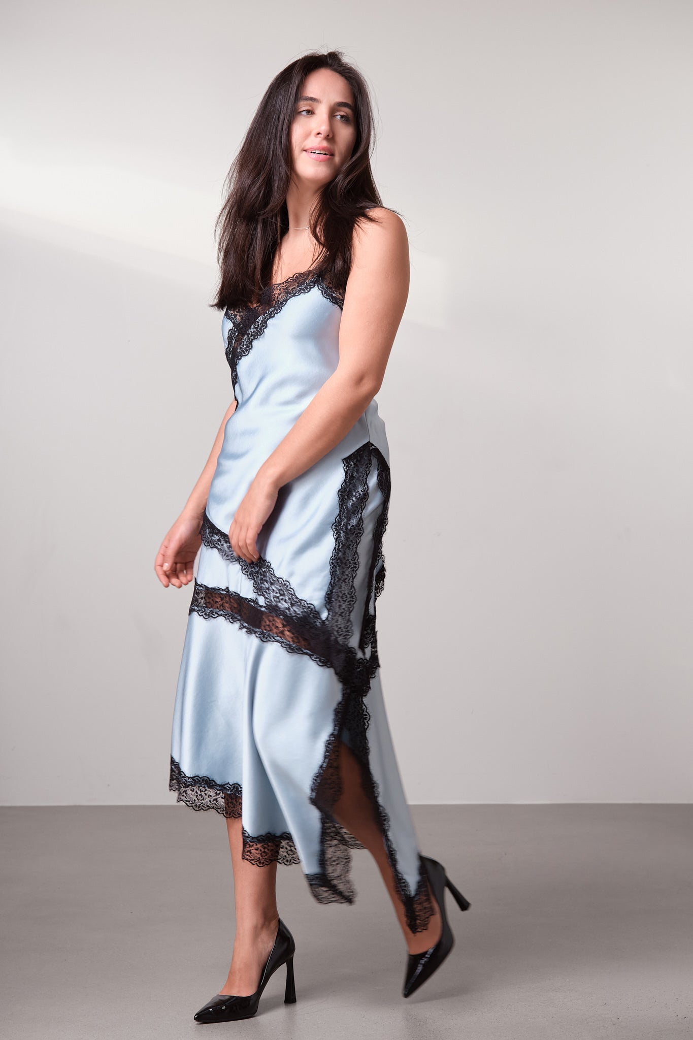 Satin Lace-Detail Midi Skirt