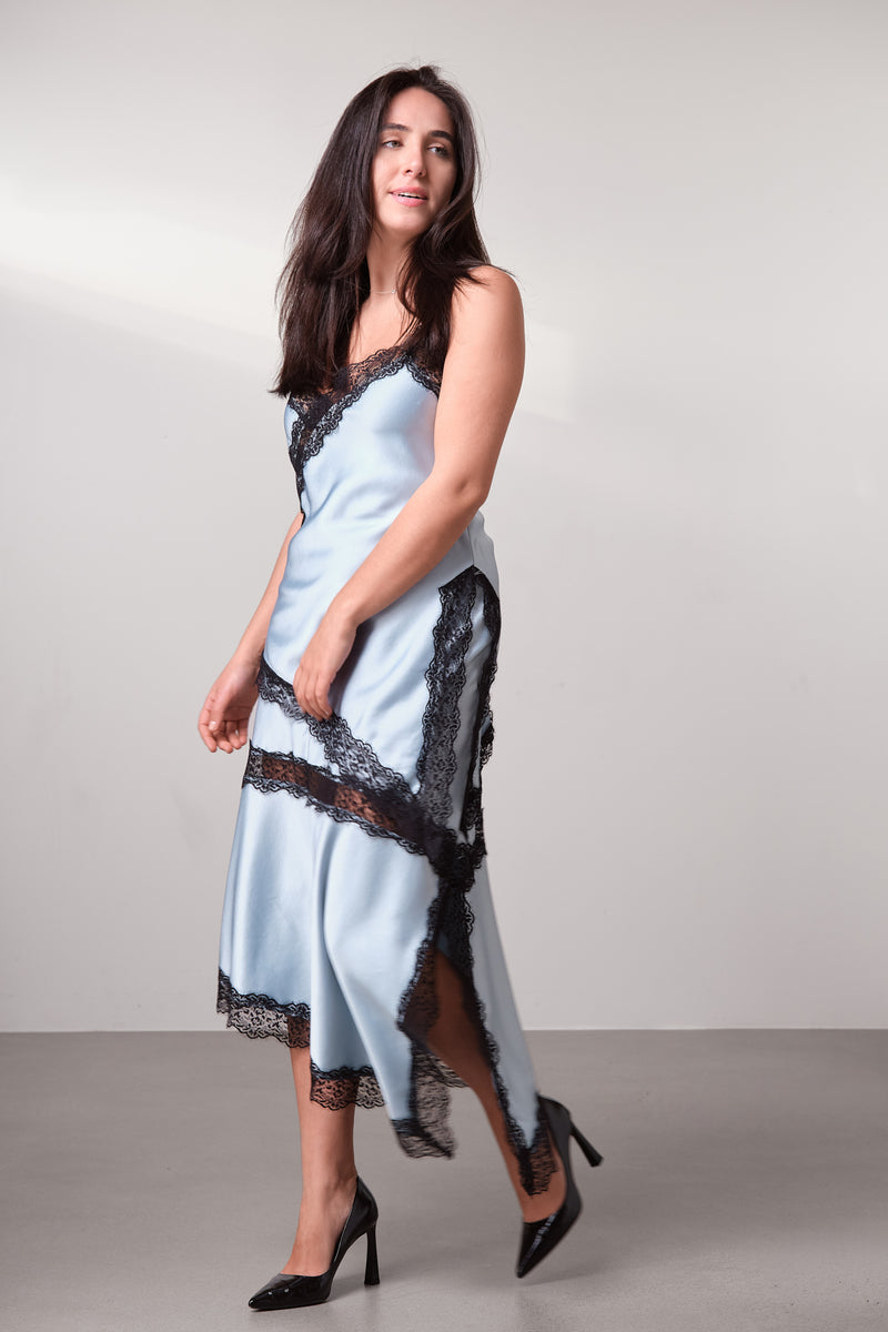 Satin Lace-Detail Midi Skirt