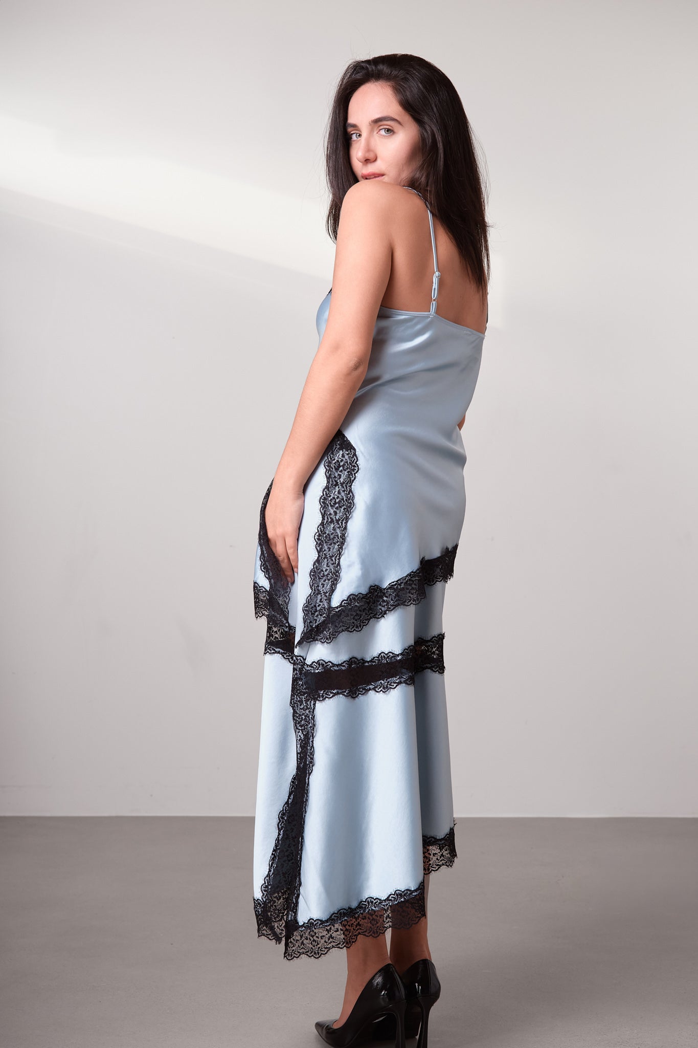 Satin Lace-Detail Midi Skirt