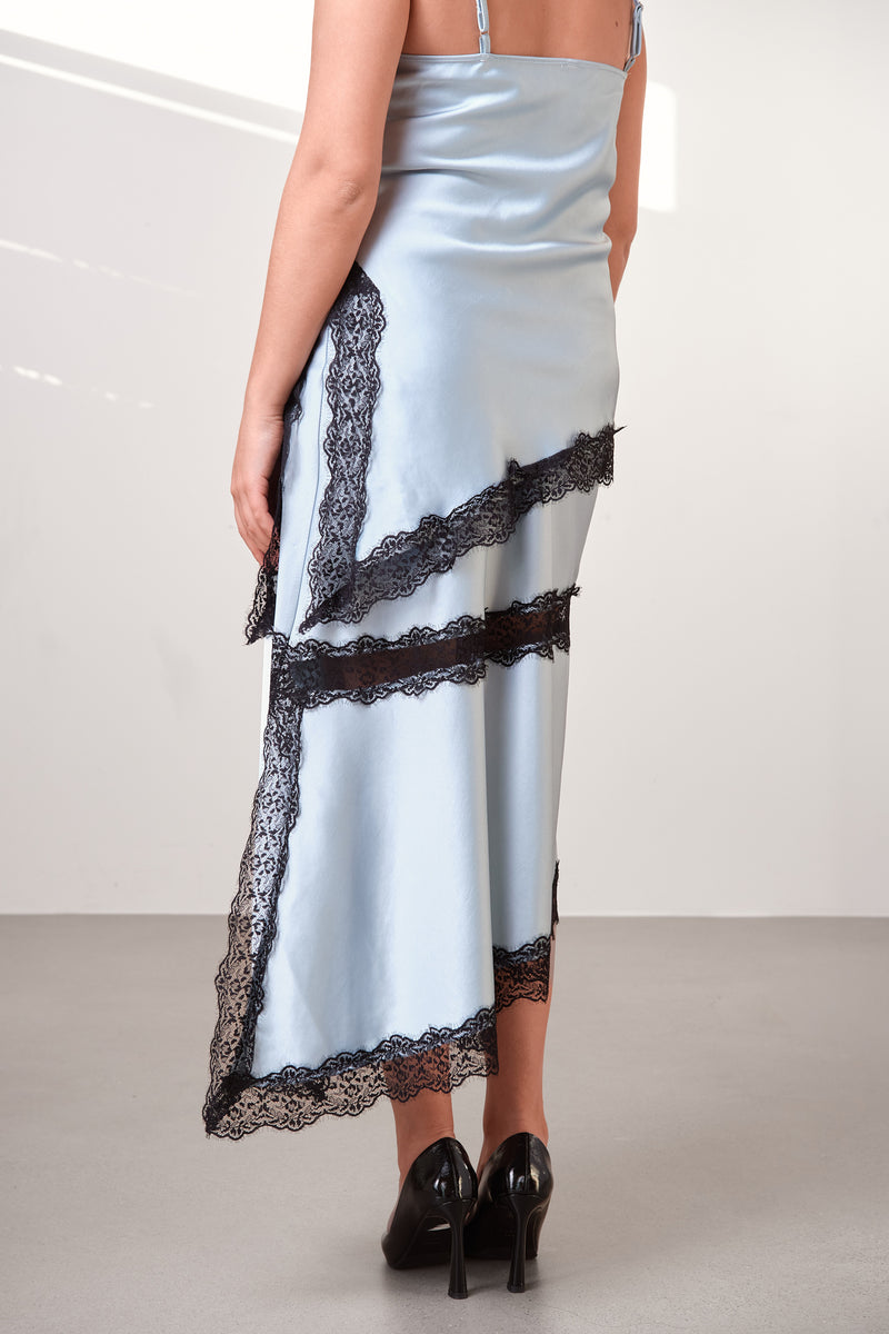 Satin Lace-Detail Midi Skirt