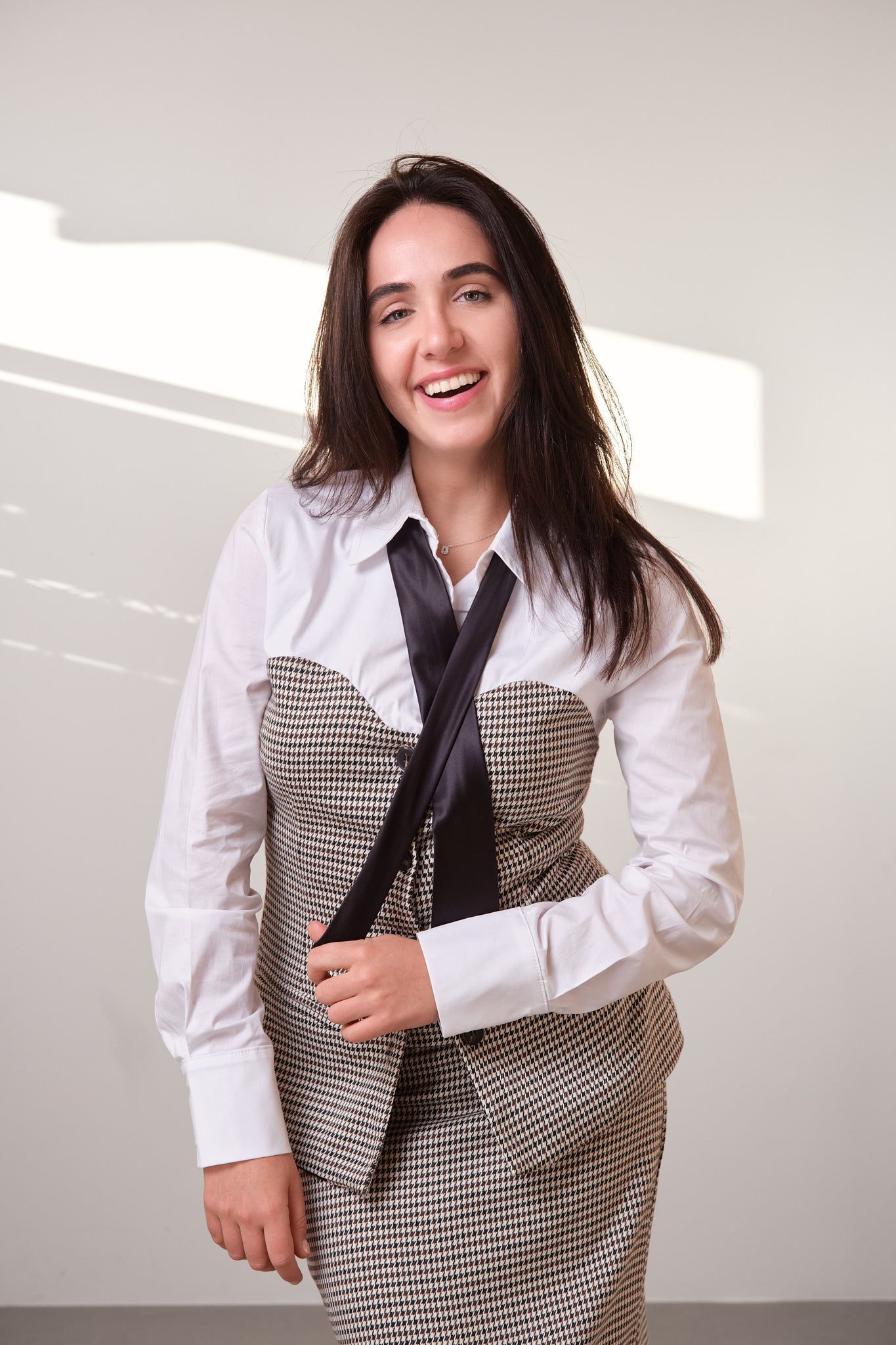 Houndstooth Corset-Detail Shirt