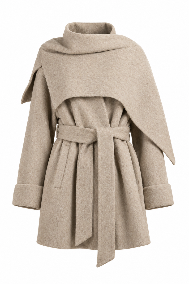 Wool Belted Coat with Poncho Collar Cream