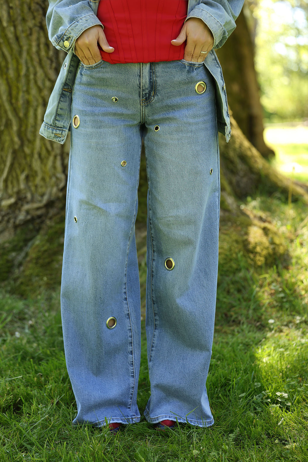 Gold Eyelet Wide-Leg Jeans