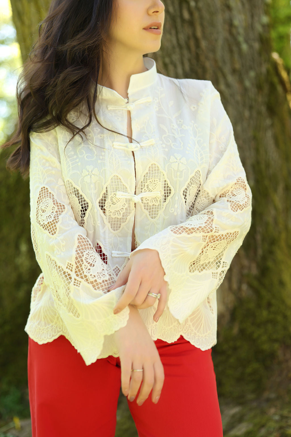 Cream Lace Embroidered Shirt