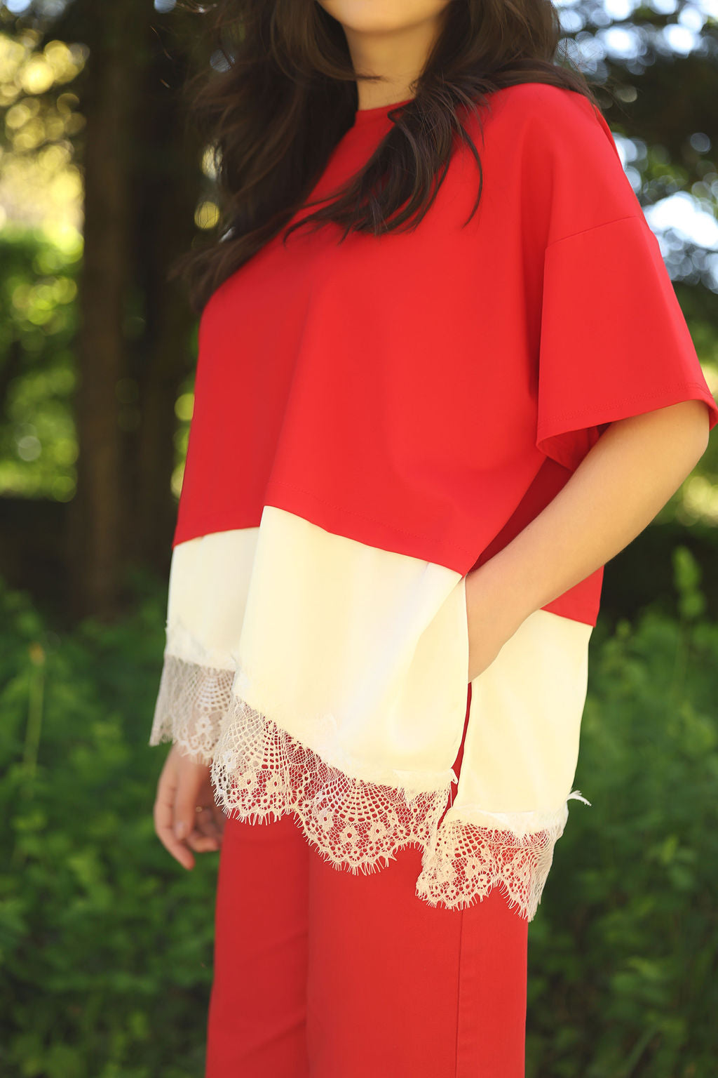 Red Lace Hem T-Shirt