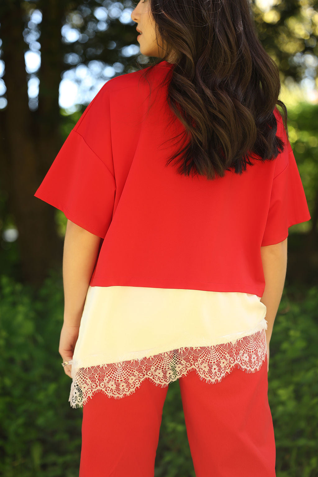 Red Lace Hem T-Shirt